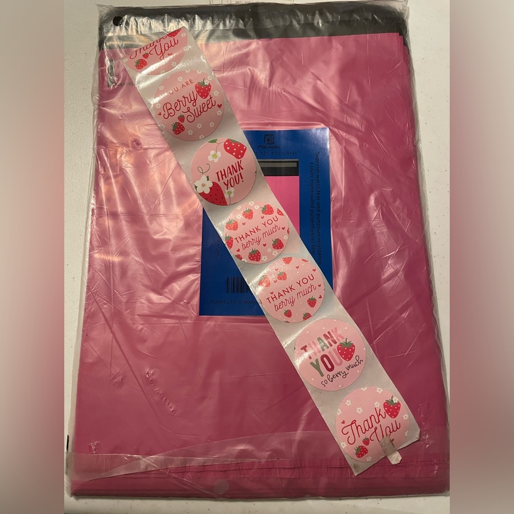 100 Pink 10x13 Poly Mailer Bags and 100 Berry Themed Thank You Stickers